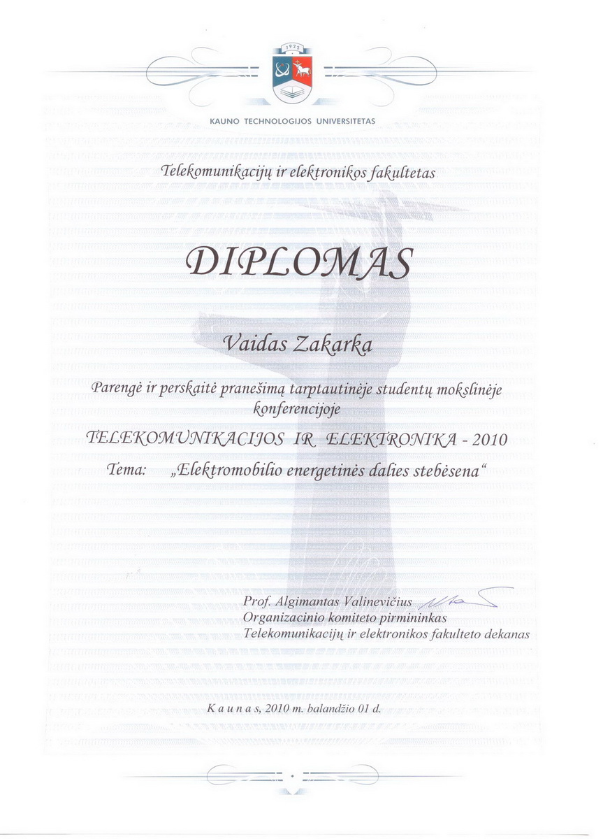 "Telecommunications and electronics 2010" conference diploma